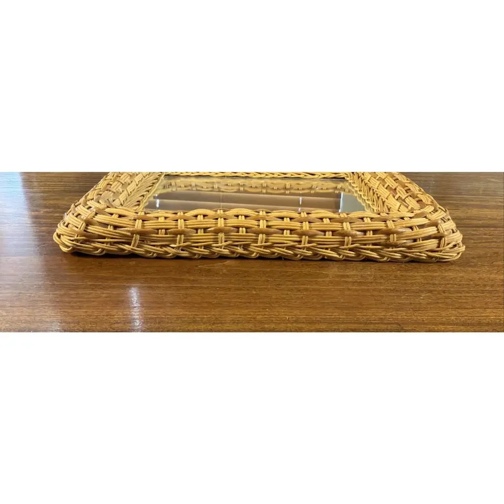 Vintage Rectangle Natural Wicker Rattan Boho Cottage Wall Hanging Mirror